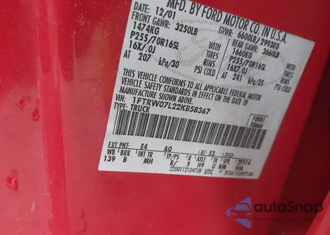 2002 Ford F-150 Lariat/Xlt из США, поврежденный, VIN 1FTRW07L22KB58367